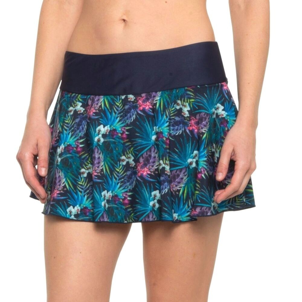 KYODAN SWIM Swim Skort‎ Skirt 4-Way Stretch XL Navy Blue Tropical Floral UPF 40